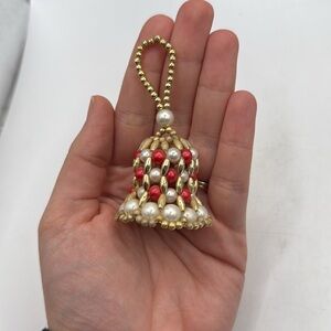 Vintage Mini Beaded Bell Christmas Holiday Ornament Red Gold Collectible Decor